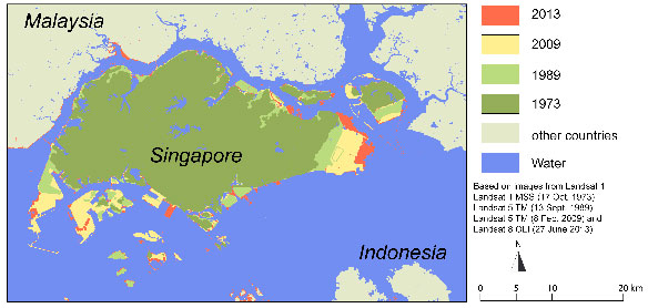 The island state of Singapore showing areas of fill from 1973 to 2013 (Illustration courtesy of UNEP/GRID - General).