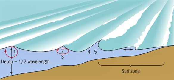 Waves undergo changes as they approach the shoreline. The height increases while the wavelength and speed decrease, however, the wave period remains unchanged. A wave will break when the ratio of the wave height to water depth is about 3:4 (Illustration courtesy of  University of California Press from Introduction to California's Beaches and Coast by Gary Griggs).