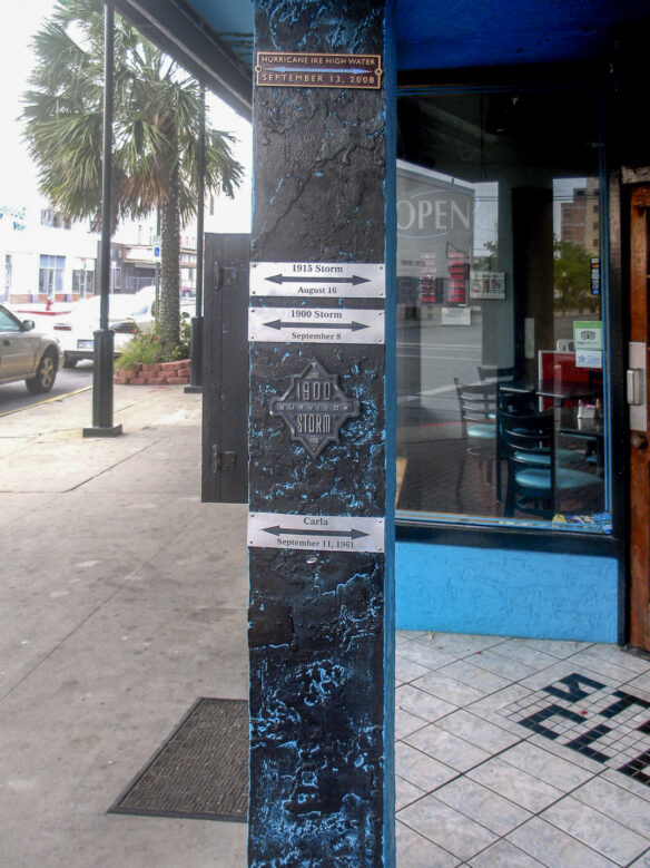 The exterior of a café in Galveston showing the elevations of major hurricane flooding (Photograph © Gary Griggs).