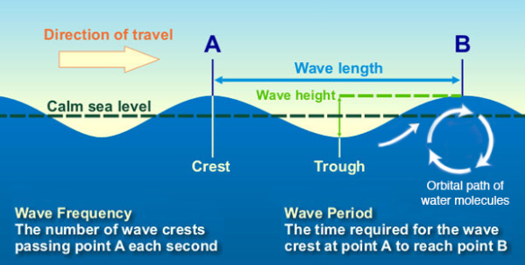 The different components of ocean waves (image courtesy NOAA with modifications by CoastalCare.org)