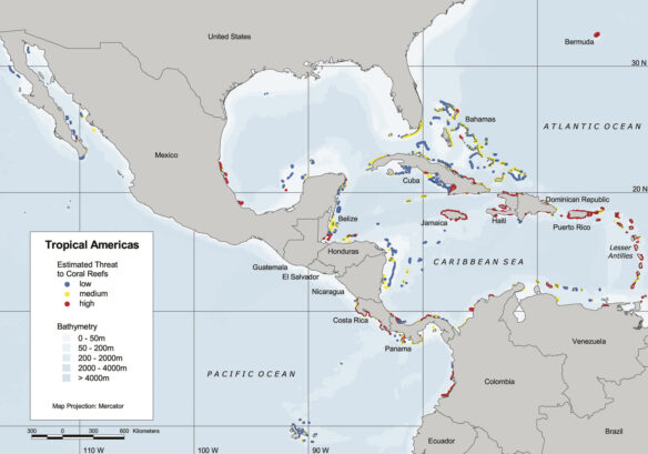 Reefs in the Caribbean Sea threatened by human activity (Illustration courtesy of WRI, see https://files.wri.org/d8/s3fs-public/pdf/reefs.pdf).