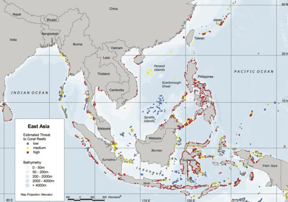 Reefs in the Southeast Asia threatened by human activity (Illustration courtesy of WRI, see https://files.wri.org/d8/s3fs-public/pdf/reefs.pdf).
