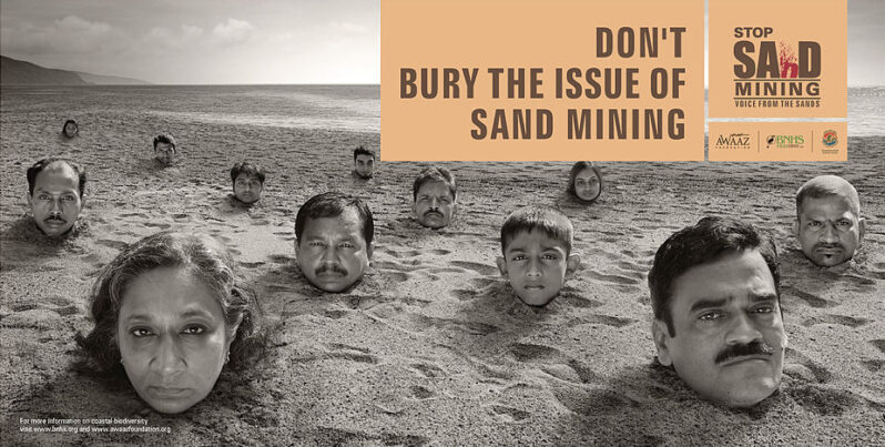 Coastal Sand Mining Awareness Campaign poster created by Awaaz Foundation and BNHS for the UN Convention on Biodiversity Conference in Hyderabad, India 2012 (uploaded by Sumaira Abdulali, CC BY-SA 3.0 via Wikimedia)